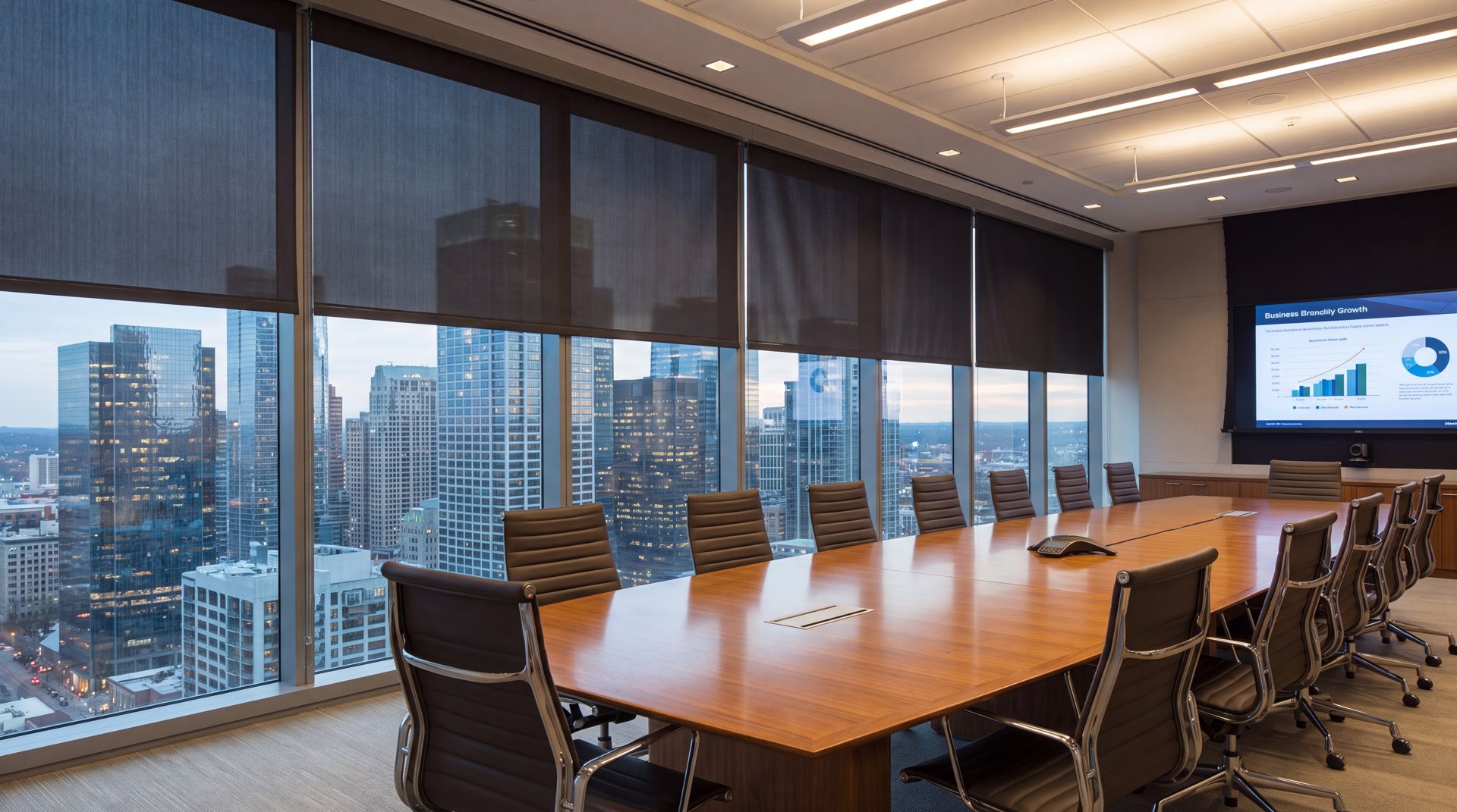 Commercial roller blinds in a high-rise corporate boardroom overlooking the city skyline