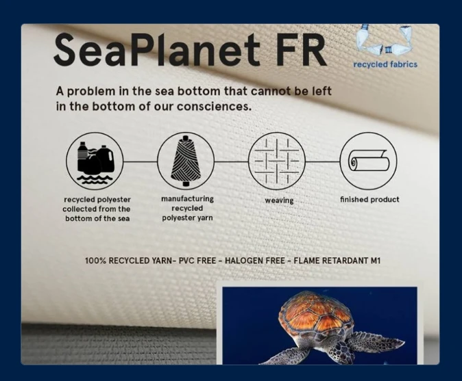 SeaPlanet FR process — recycled polyester collected from the sea bottom, manufactured into yarn, woven and finished into 100% recycled, PVC-free, halogen-free, flame retardant M1 fabric